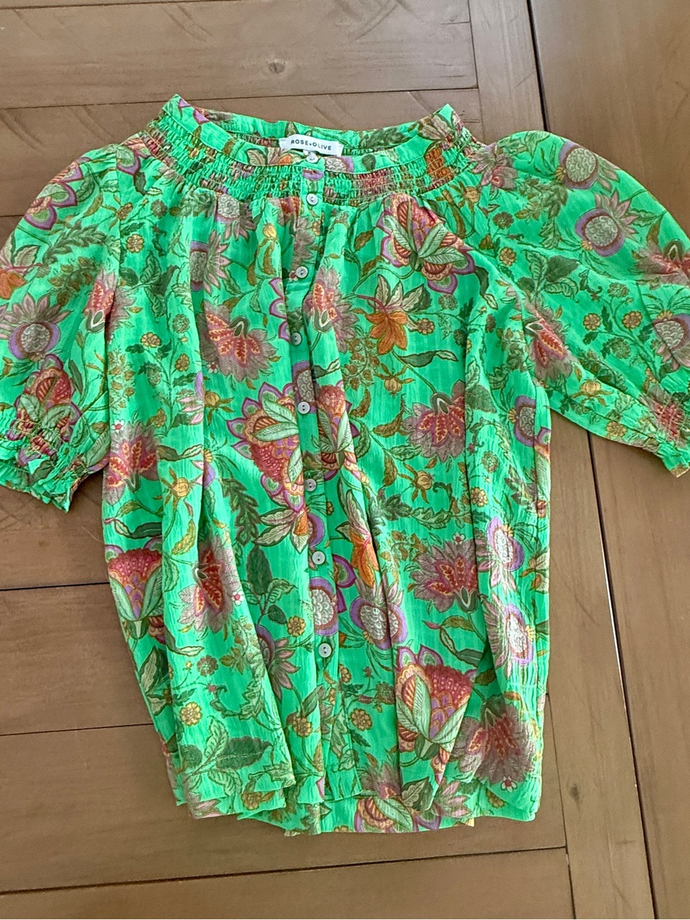 Rose & Olive Bright Green Floral Button-Up Peasant Blouse size Med